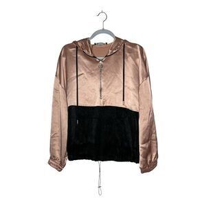 Zara Jacket Womens Medium Pink Black Satin Hoodie Colorblock Pullover 1/2 Zip